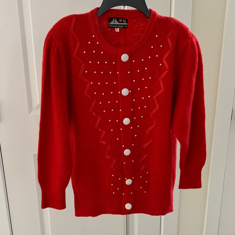 NWOT 100% Wool Charming Red Crewneck Sweater with Pearl Details